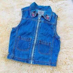 Girls denim jeans zip up vest with flower embroidery full zipper spring fashion